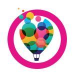 Bunte Heißluftballon-Grafik in pinkem Kreis