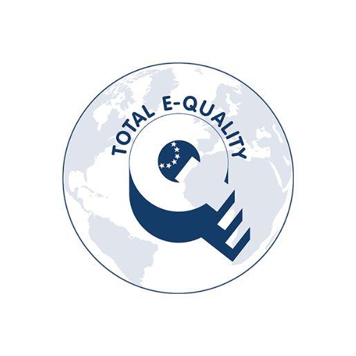 TOTAL E-QUALITY Logo auf Weltkartenhintergrund