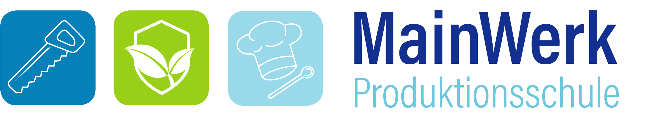 Logo der MainWerk Produktionsschule. Rechts der Schriftzug „MainWerk Produktionsschule“ in blauer und türkisfarbener Schrift. Links drei quadratische Icons: ein hellblaues Feld mit weißer Kochmütze und Kochlöffel, ein grünes Feld mit einem stilisierten Blatt in einem Wappen, ein blaues Feld mit einer weißen Säge.