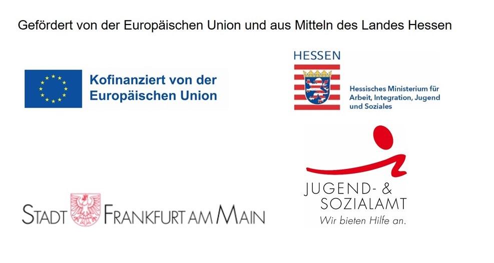 Kombinierte Darstellung von Logos der Förderpartner: Europäische Union, Land Hessen, Hessisches Ministerium für Arbeit, Integration, Jugend und Soziales, Jugend- und Sozialamt Frankfurt am Main sowie Stadt Frankfurt am Main.