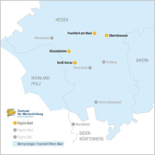 ZFW-Standorte Region Nord Karte der Region Nord mit eingezeichneten Standorten Frankfurt am Main, Rüsselsheim, Groß-Gerau und Obertshausen.