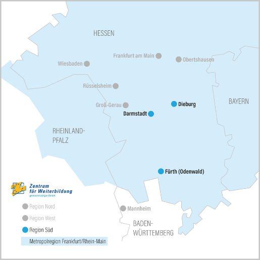 ZFW-Standorte Region Süd Karte der Region Süd mit markierten Standorten in Darmstadt, Dieburg und Fürth (Odenwald).
