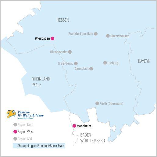 ZFW-Standorte Region West Karte der Region West mit markierten Standorten in Wiesbaden und Mannheim.