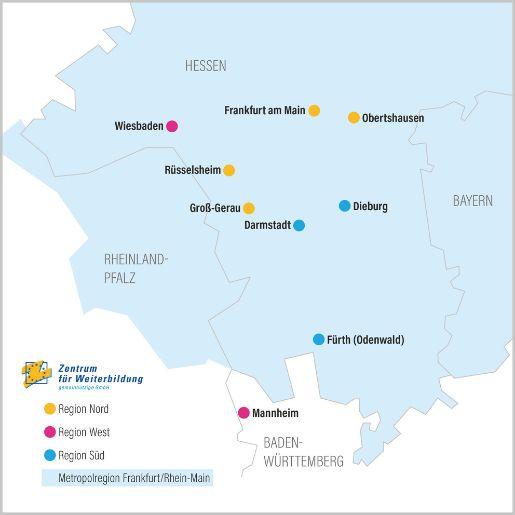 Übersichtskarte aller ZFW-Regionen mit den markierten Standorten in Nord (gelb), Süd (blau) und West (magenta).