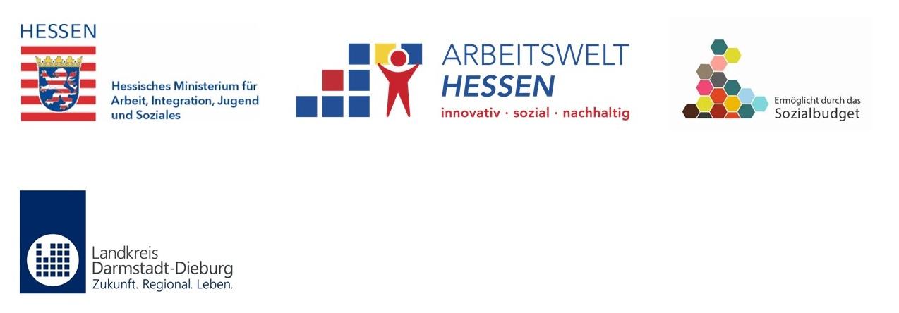 Vier Logos nebeneinander: das Hessische Ministerium für Arbeit, Integration, Jugend und Soziales, die Arbeitswelt Hessen, das Sozialbudget und der Landkreis Darmstadt-Dieburg.
