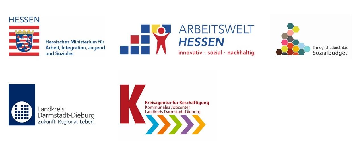 Fünf verschiedene Logos öffentlicher Förderinstitutionen, darunter das Hessische Ministerium für Arbeit, Integration, Jugend und Soziales, die Arbeitswelt Hessen, das Sozialbudget, der Landkreis Darmstadt-Dieburg und die Kreisagentur für Beschäftigung.
