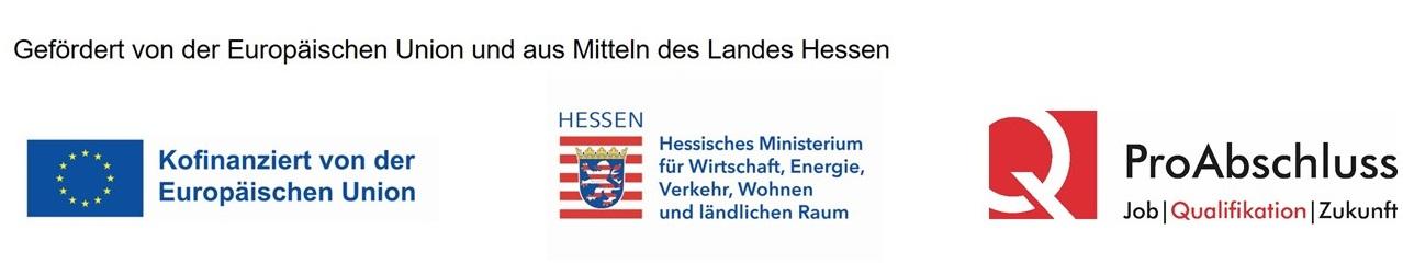 Förderlogos des Projekts Bildungscoach Drei nebeneinanderstehende Logos: links die Europäische Union mit dem Hinweis „Kofinanziert von der Europäischen Union“, in der Mitte das Hessische Ministerium für Wirtschaft, Energie, Verkehr, Wohnen und ländlichen Raum, rechts das Logo von „ProAbschluss“ mit dem Slogan „Job | Qualifikation | Zukunft“.