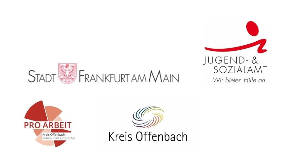 Vier Logos öffentlicher Institutionen: oben links das Logo der Stadt Frankfurt am Main mit rotem Stadtwappen, oben rechts das Logo des Jugend- und Sozialamts mit einer stilisierten roten Figur und dem Slogan „Wir bieten Hilfe an“, unten links das Logo von PRO ARBEIT – Kreis Offenbach Kommunales Jobcenter mit rot-beigen Segmenten, unten rechts das Logo des Kreises Offenbach mit buntem Kreisornament.