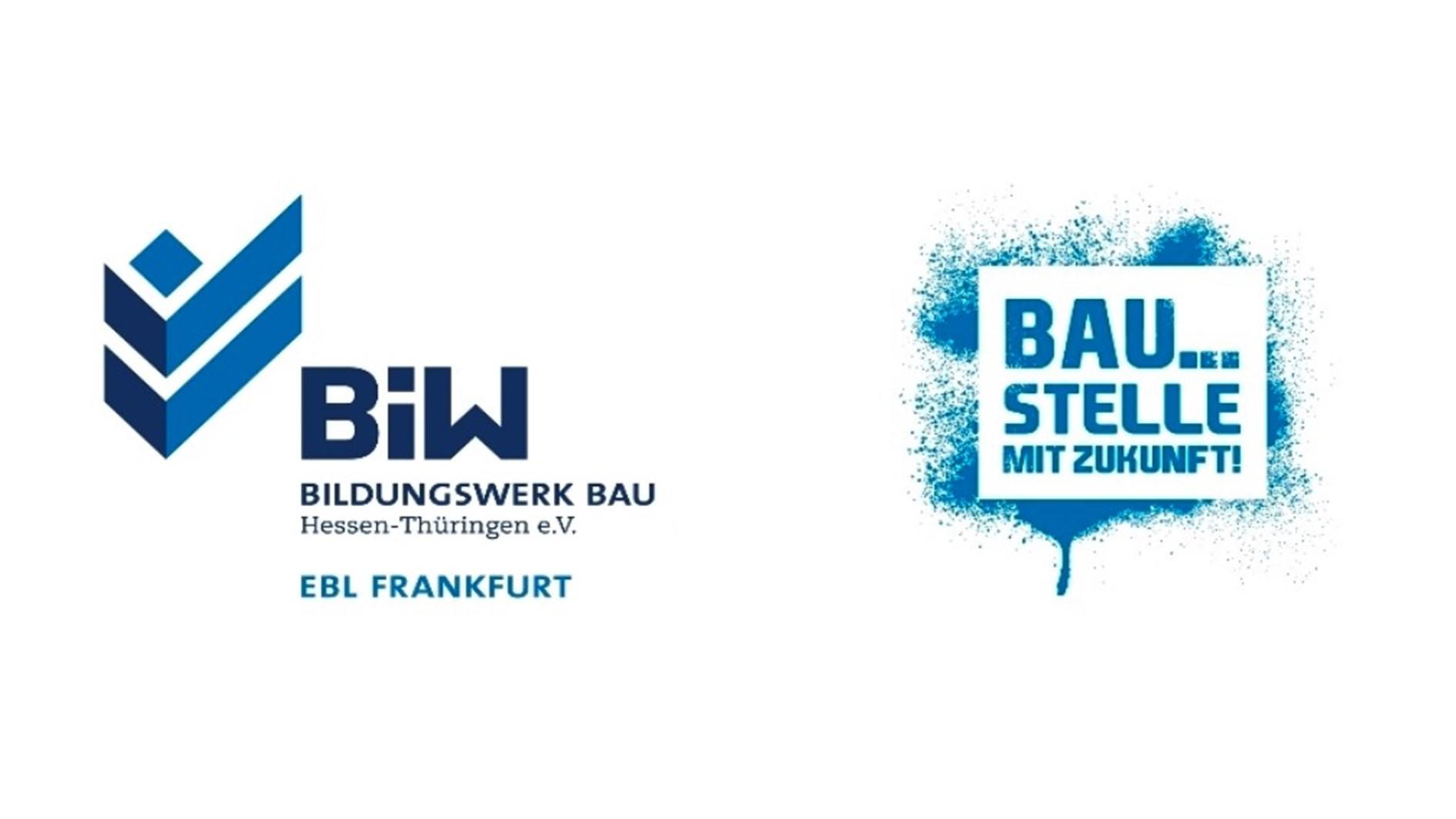 Logo des Bildungswerks Bau Hessen-Thüringen mit blauer geometrischer Grafik und Schriftzug „BAU…STELLE MIT ZUKUNFT!“.