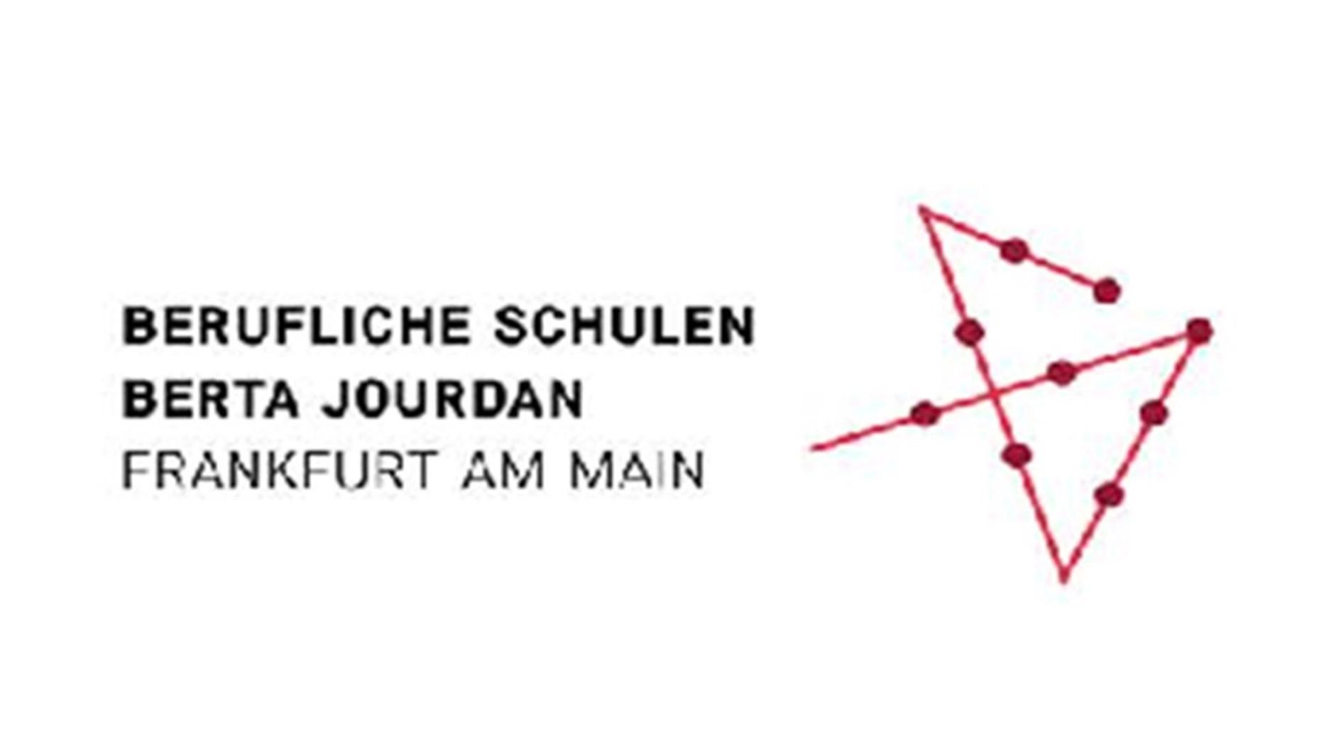 Logo der Beruflichen Schulen Berta Jourdan Frankfurt mit roter, geometrischer Grafik aus Punkten und Linien.