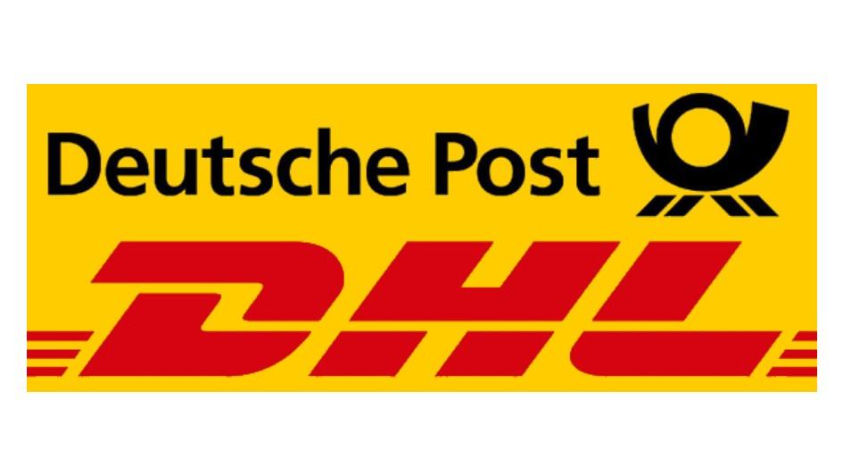 Logo der Deutschen Post DHL mit gelbem Hintergrund und rotem Schriftzug „DHL“.