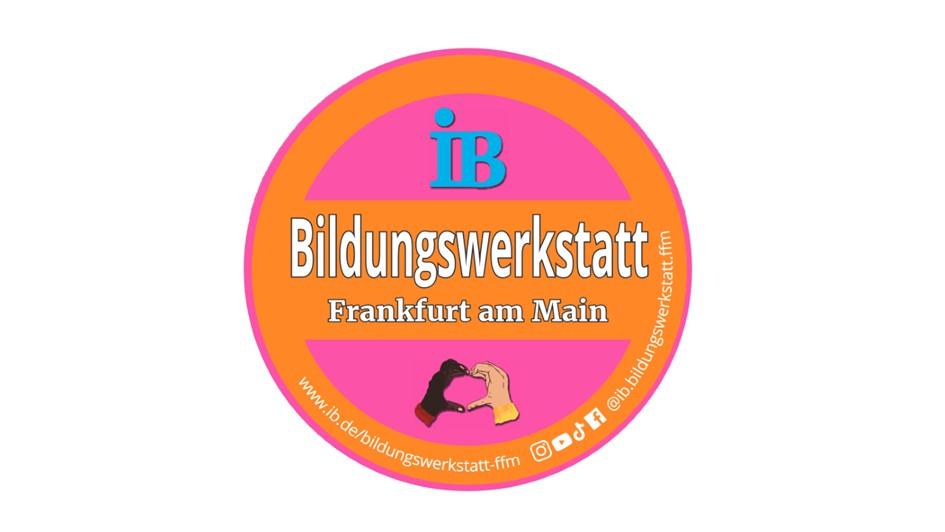 Rundes Logo der IB Bildungswerkstatt Frankfurt am Main in Pink und Orange mit Symbolik der Zusammenarbeit.