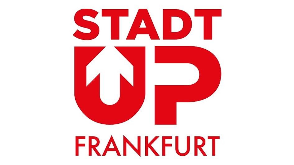 Logo der Stadt Frankfurt mit dem Schriftzug „StadtUp Frankfurt“ in Rot und einem Pfeilsymbol nach oben.