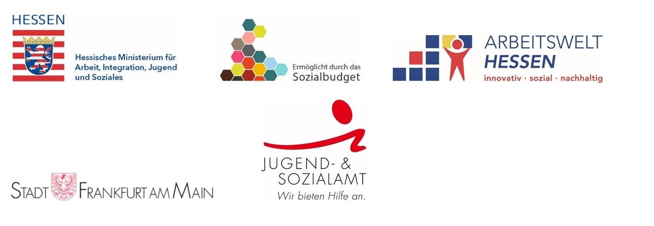 Logowand mit Logos von Förderern und Partnern: Hessisches Ministerium für Arbeit, Integration, Jugend und Soziales; Arbeitswelt Hessen – innovativ, sozial, nachhaltig; ermöglicht durch das Sozialbudget; Stadt Frankfurt am Main; Jugend- & Sozialamt der Stadt Frankfurt am Main.