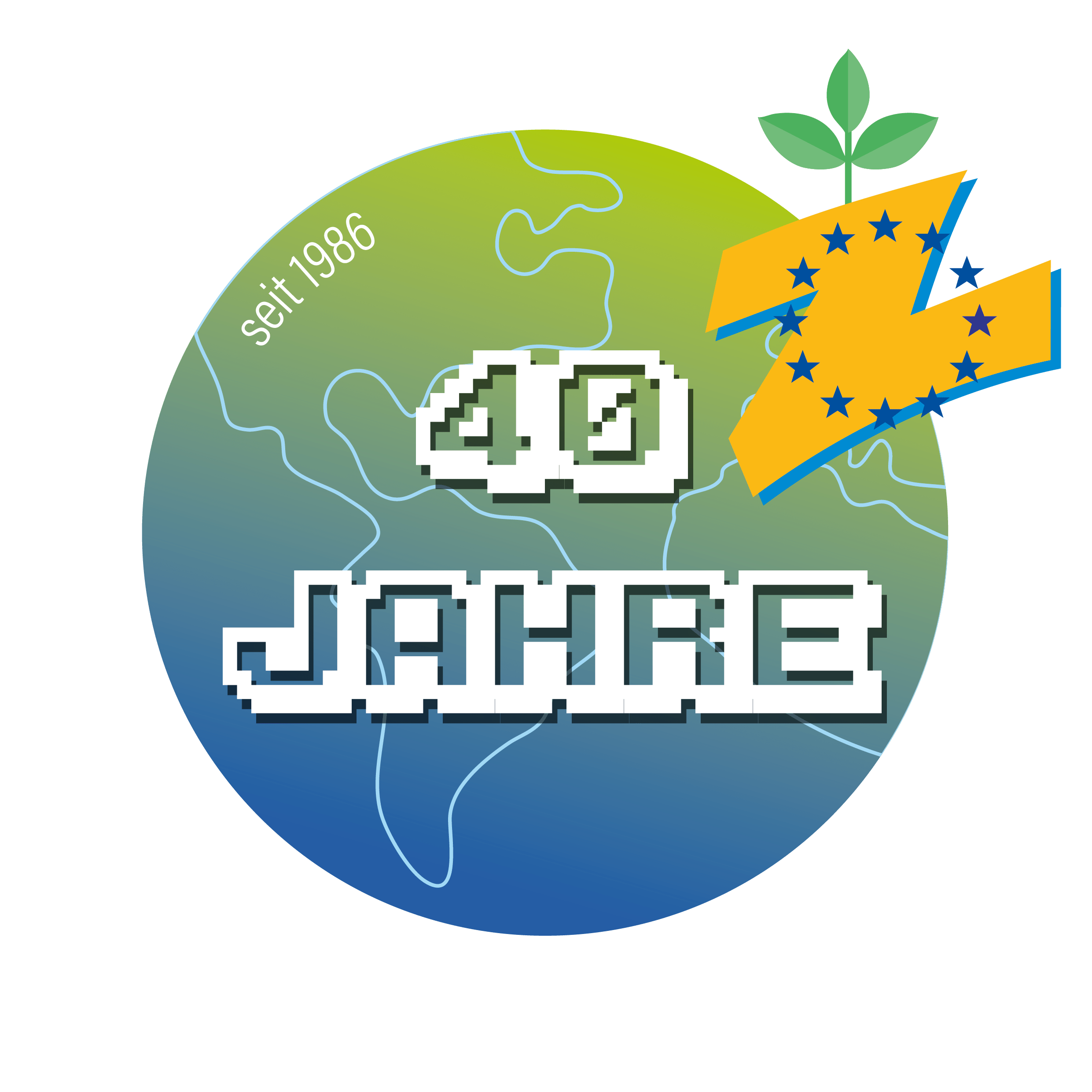 Rundes Jubiläumslogo „40 Jahre“ mit Schriftzug, Europasternen und Pflanzensymbol auf grün-blauem Hintergrund.