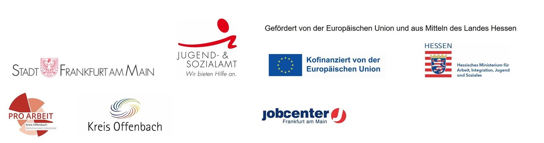 Logoleiste mehrerer Förder- und Kooperationspartner: rechts das Hessische Ministerium für Arbeit, Integration, Jugend und Soziales mit Hessen-Wappen, daneben EU-Förderhinweis und EU-Flagge, mittig Jobcenter Frankfurt am Main, links Kreis Offenbach, Pro Arbeit Kreis Offenbach, Stadt Frankfurt am Main sowie das Jugend- und Sozialamt.