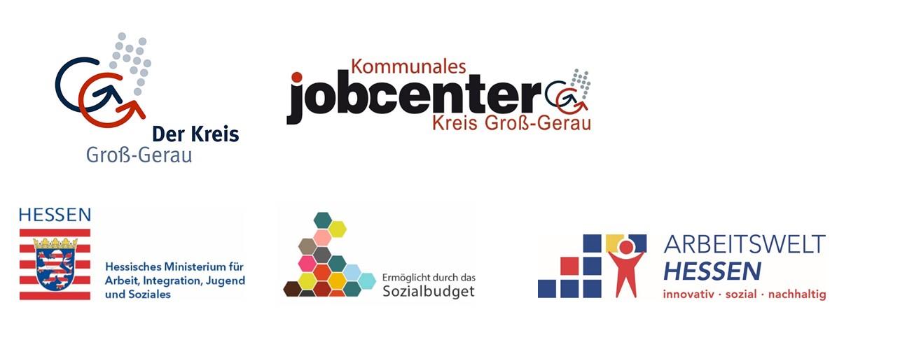Sechs Logos von Förderinstitutionen, darunter Der Kreis Groß-Gerau, Kommunales Jobcenter Kreis Groß-Gerau, das Hessische Ministerium für Arbeit, Integration, Jugend und Soziales, Arbeitswelt Hessen und das Sozialbudget.