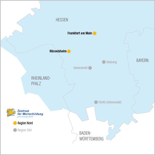 Karte der Region Nord mit eingezeichneten Standorten Frankfurt am Main und Rüsselsheim.