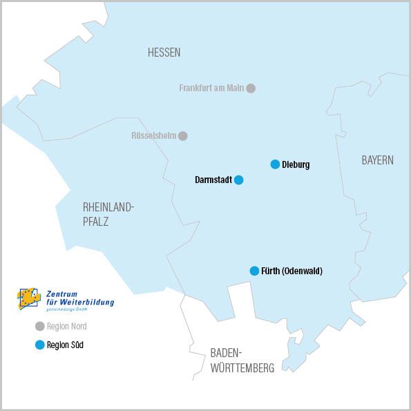 Karte der Region Süd mit markierten Standorten in Darmstadt, Dieburg und Fürth (Odenwald).