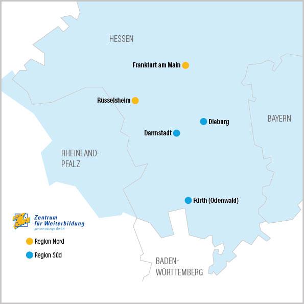 Übersichtskarte aller ZFW-Regionen mit den markierten Standorten in Nord (gelb) und Süd (blau).