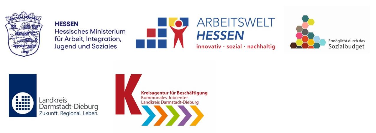 Fünf verschiedene Logos öffentlicher Förderinstitutionen, darunter das Hessische Ministerium für Arbeit, Integration, Jugend und Soziales, die Arbeitswelt Hessen, das Sozialbudget, der Landkreis Darmstadt-Dieburg und die Kreisagentur für Beschäftigung.