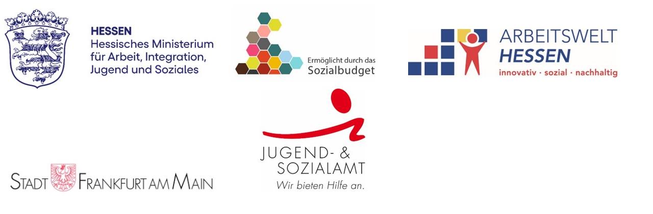 Sechs Logos von Projektförderern und Kooperationspartnern, darunter das Hessische Ministerium für Arbeit, das Sozialbudget, die Stadt Frankfurt am Main und das Jugend- und Sozialamt.