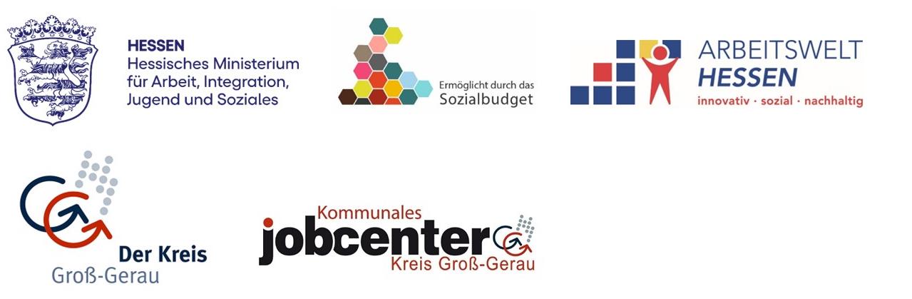 echs Logos von Förderinstitutionen, darunter Der Kreis Groß-Gerau, Kommunales Jobcenter Kreis Groß-Gerau, das Hessische Ministerium für Arbeit, Integration, Jugend und Soziales, Arbeitswelt Hessen und das Sozialbudget.