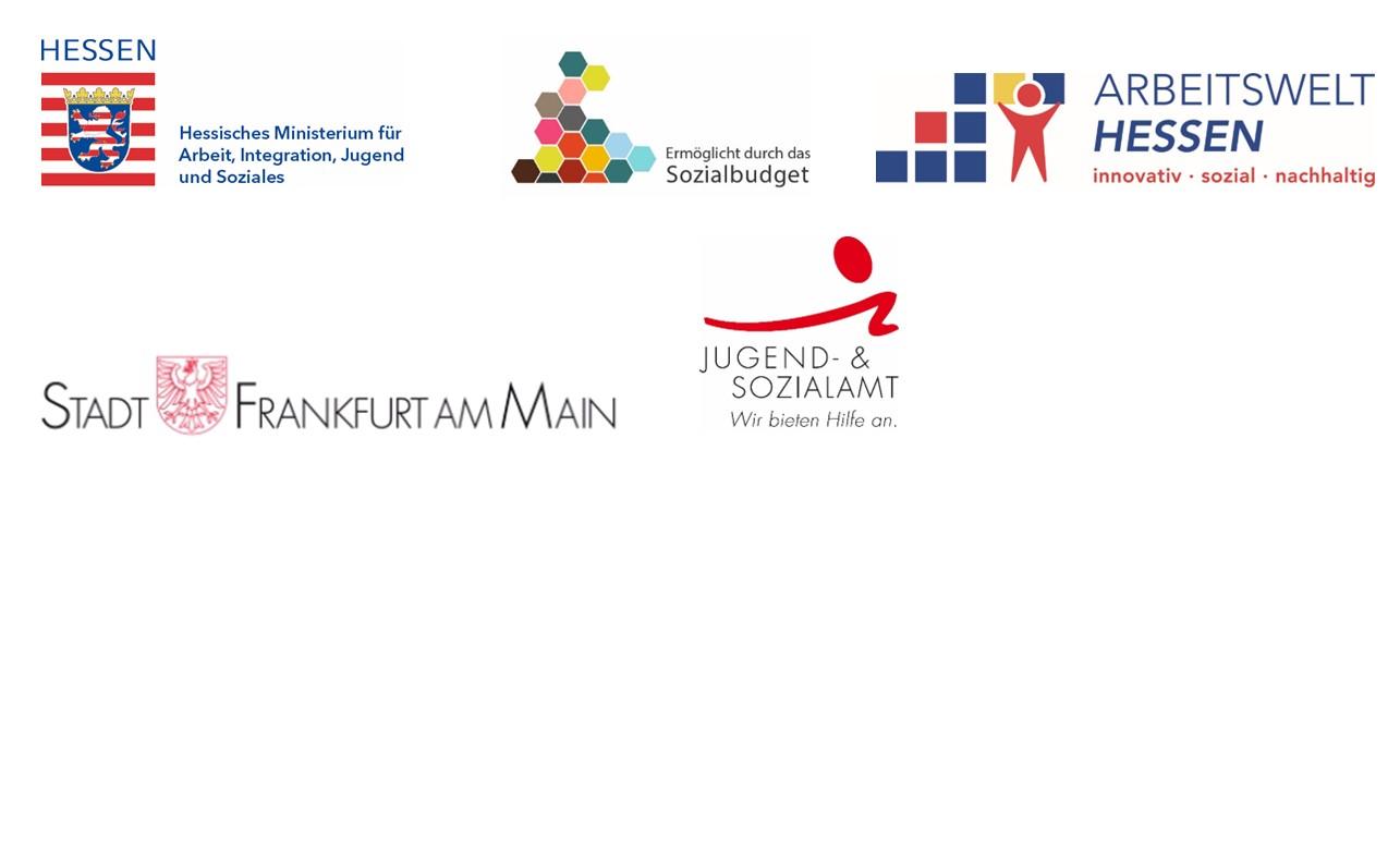Auf hellem Hintergrund sind mehrere Förder- und Partnerlogos angeordnet. Oben befinden sich das Hessische Ministerium für Arbeit, Integration, Jugend und Soziales, das Logo „Arbeitswelt Hessen“ sowie das Förderlogo „Ermöglicht durch das Sozialbudget“. Unten sind die Logos der Stadt Frankfurt am Main und des Jugend- und Sozialamts Frankfurt mit dem Slogan „Wir bieten Hilfe an.“ dargestellt.