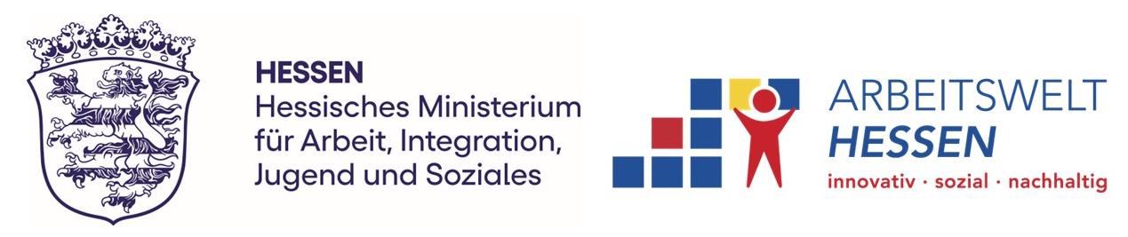 Logo des Hessischen Ministeriums für Arbeit, Integration, Jugend und Soziales sowie das Logo „Arbeitswelt Hessen“ mit stilisierter Figur und dem Slogan „innovativ · sozial · nachhaltig“. Kennzeichnung der Förderung durch das Arbeits- und Qualifizierungsbudget (AQB).