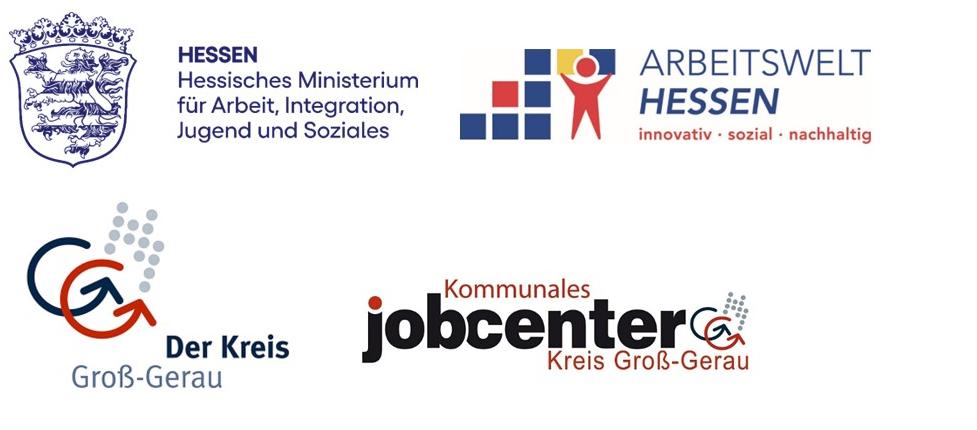 Vier Logos von Förder- und Kooperationspartnern auf weißem Hintergrund: oben links das Hessische Ministerium für Arbeit, Integration, Jugend und Soziales, oben rechts Arbeitswelt Hessen, unten links der Kreis Groß-Gerau und unten mittig das Kommunale Jobcenter Kreis Groß-Gerau.