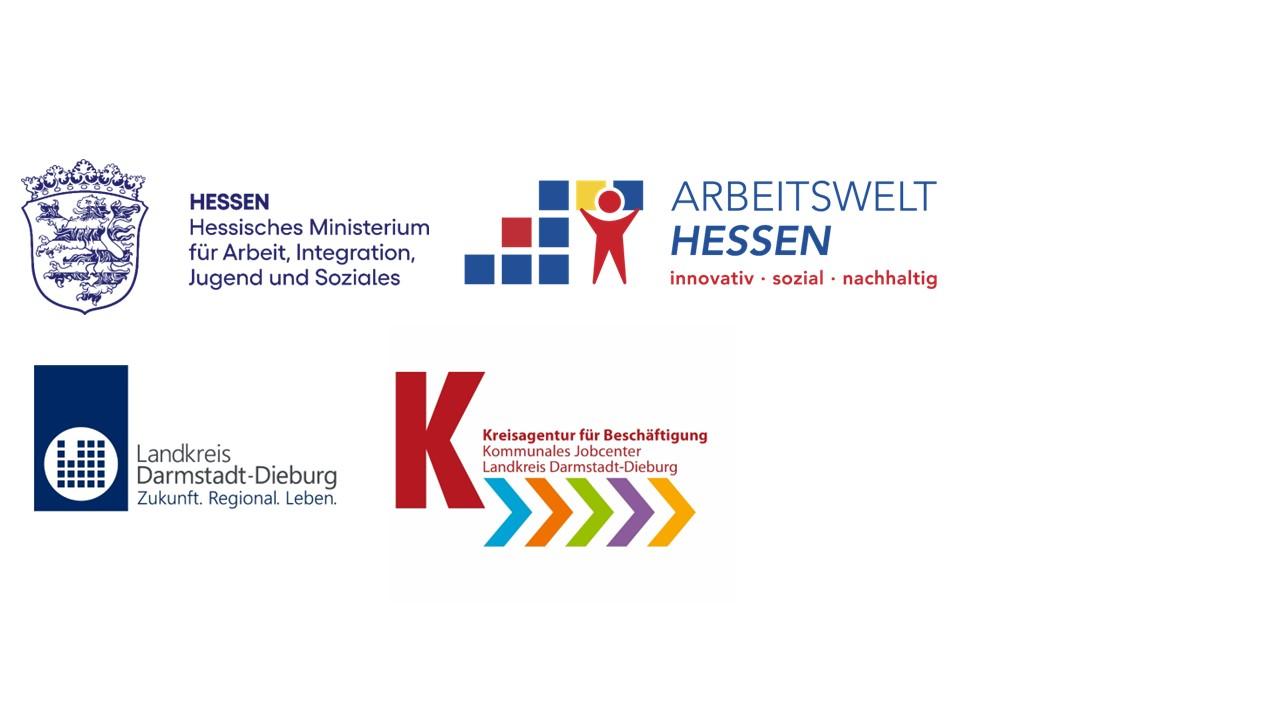 Fünf verschiedene Logos öffentlicher Förderinstitutionen, darunter das Hessische Ministerium für Arbeit, Integration, Jugend und Soziales, die Arbeitswelt Hessen, das Sozialbudget, der Landkreis Darmstadt-Dieburg und die Kreisagentur für Beschäftigung.