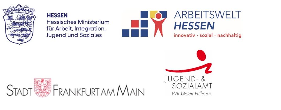 Kombinierte Darstellung von Logos der Förderpartner: Europäische Union, Land Hessen, Hessisches Ministerium für Arbeit, Integration, Jugend und Soziales, Jugend- und Sozialamt Frankfurt am Main sowie Stadt Frankfurt am Main.