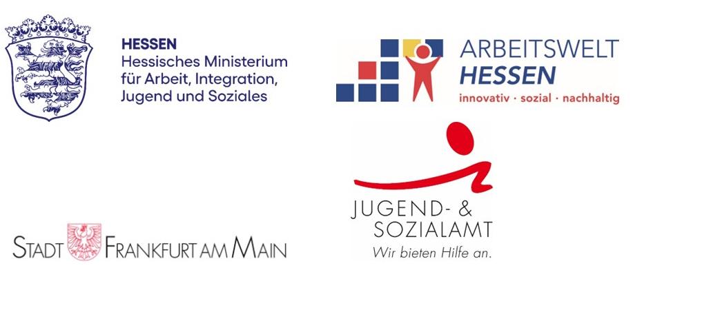 Sechs Logos von Projektförderern und Kooperationspartnern, darunter das Hessische Ministerium für Arbeit, das Sozialbudget, die Stadt Frankfurt am Main und das Jugend- und Sozialamt.