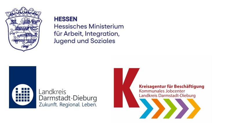 Drei verschiedene Logos öffentlicher Förderinstitutionen, darunter das Hessische Ministerium für Arbeit, Integration, Jugend und Soziales,  der Landkreis Darmstadt-Dieburg und die Kreisagentur für Beschäftigung.