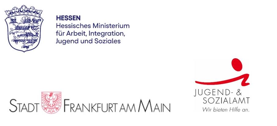 Kombinierte Darstellung von Logos der Förderpartner: Hessisches Ministerium für Arbeit, Integration, Jugend und Soziales, Jugend- und Sozialamt Frankfurt am Main sowie Stadt Frankfurt am Main.