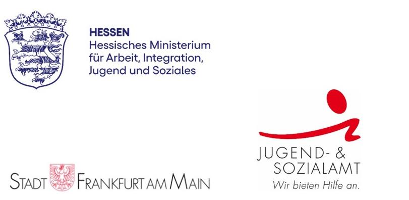 Logos des Hessischen Ministeriums für Arbeit, Integration, Jugend und Soziales, der Stadt Frankfurt am Main sowie des Jugend- und Sozialamts Frankfurt am Main.