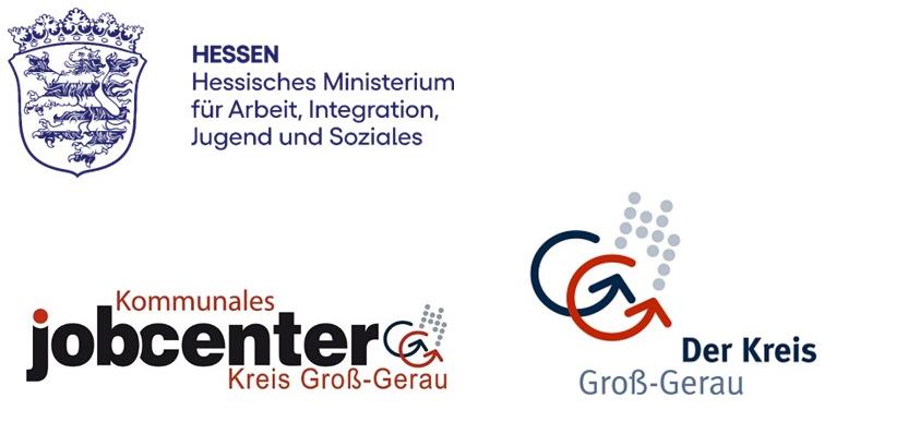 Drei Logos von Förder- und Kooperationspartnern auf weißem Hintergrund: oben links das Hessische Ministerium für Arbeit, Integration, Jugend und Soziales, unten links der Kreis Groß-Gerau und unten mittig das Kommunale Jobcenter Kreis Groß-Gerau.