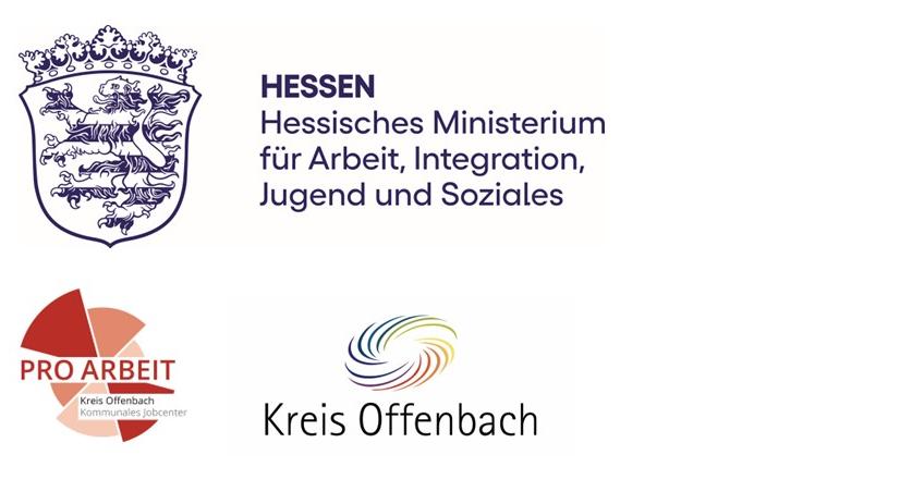 Logos des Hessischen Ministeriums für Arbeit, Integration, Jugend und Soziales, der Pro Arbeit – Kreis Offenbach sowie des Kreises Offenbach.